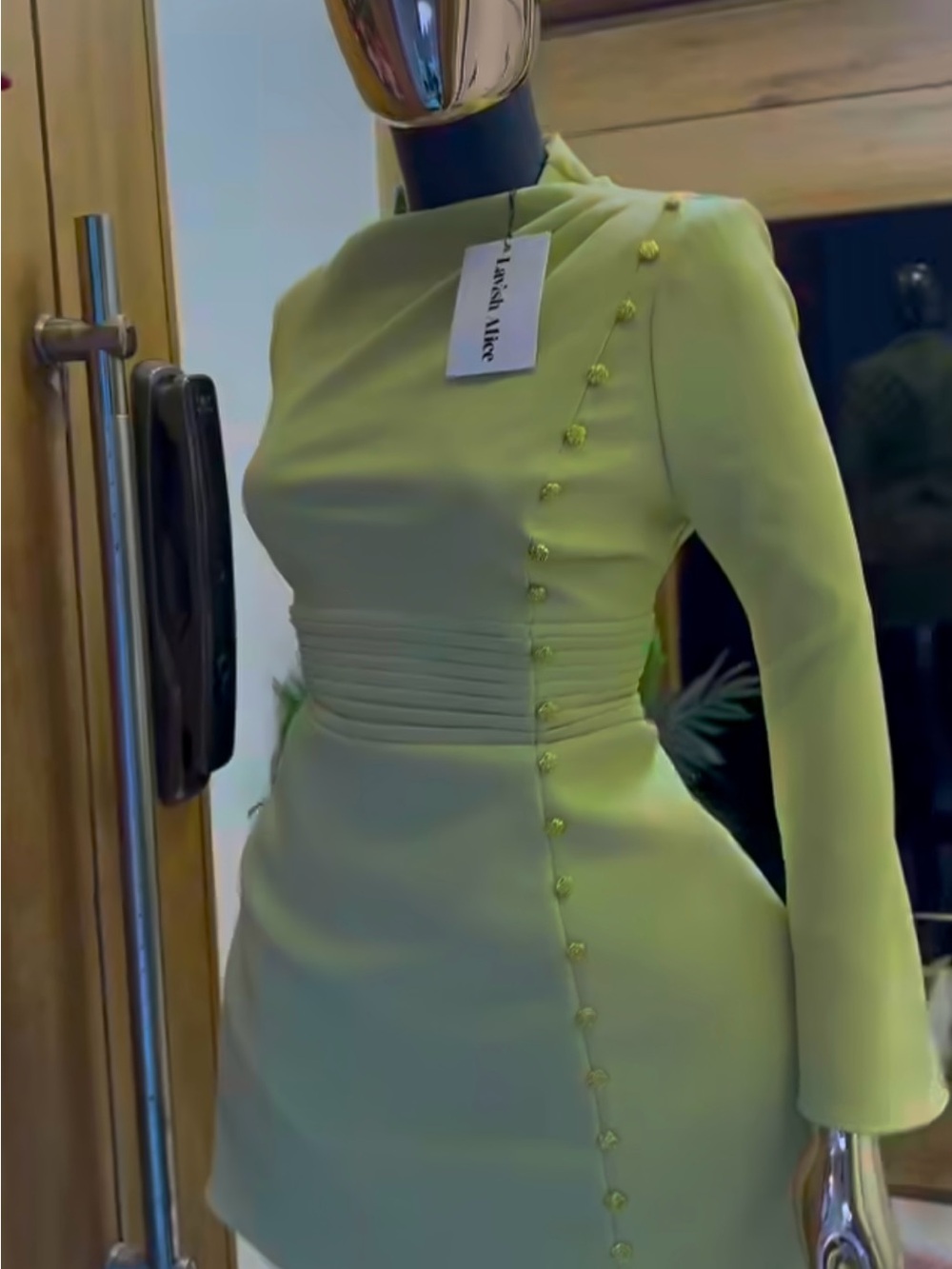 Lavish Alice Lime Green Long-Sleeve Mini Dress with Button Trim